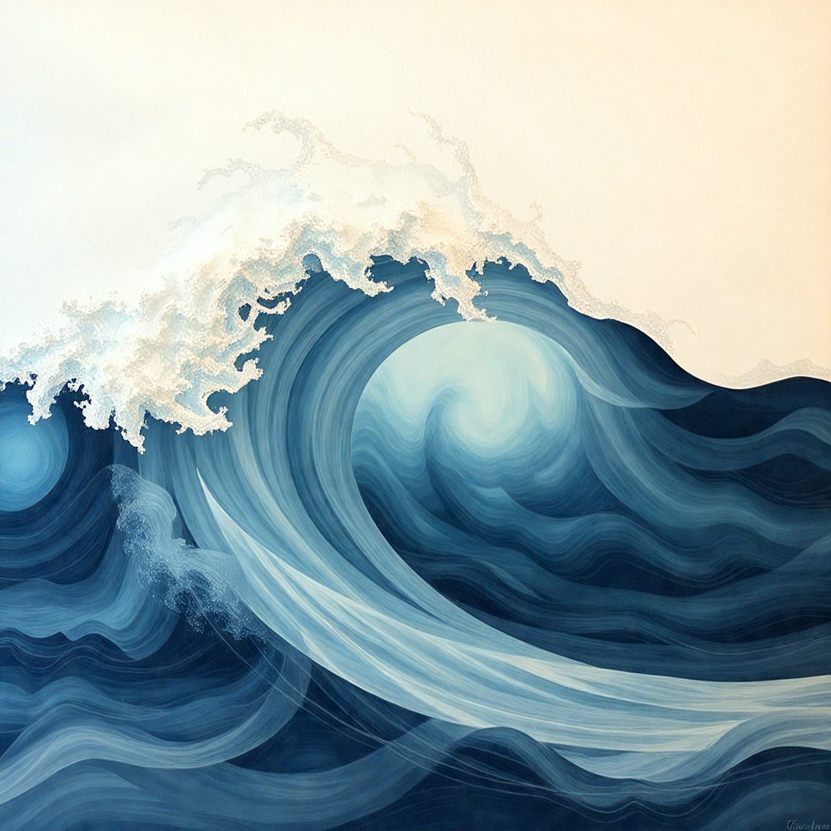 The primary subject of the image is a large wave in the ocean. The wave is depicted in a painting, which gives it a vibrant and dynamic appearance. The setting is the ocean, with the wave being the main focus of the scene. The visual style is artistic, as it is a painting rather than a photograph. The dominant colors in the painting are blue and white, creating a sense of calmness and tranquility.